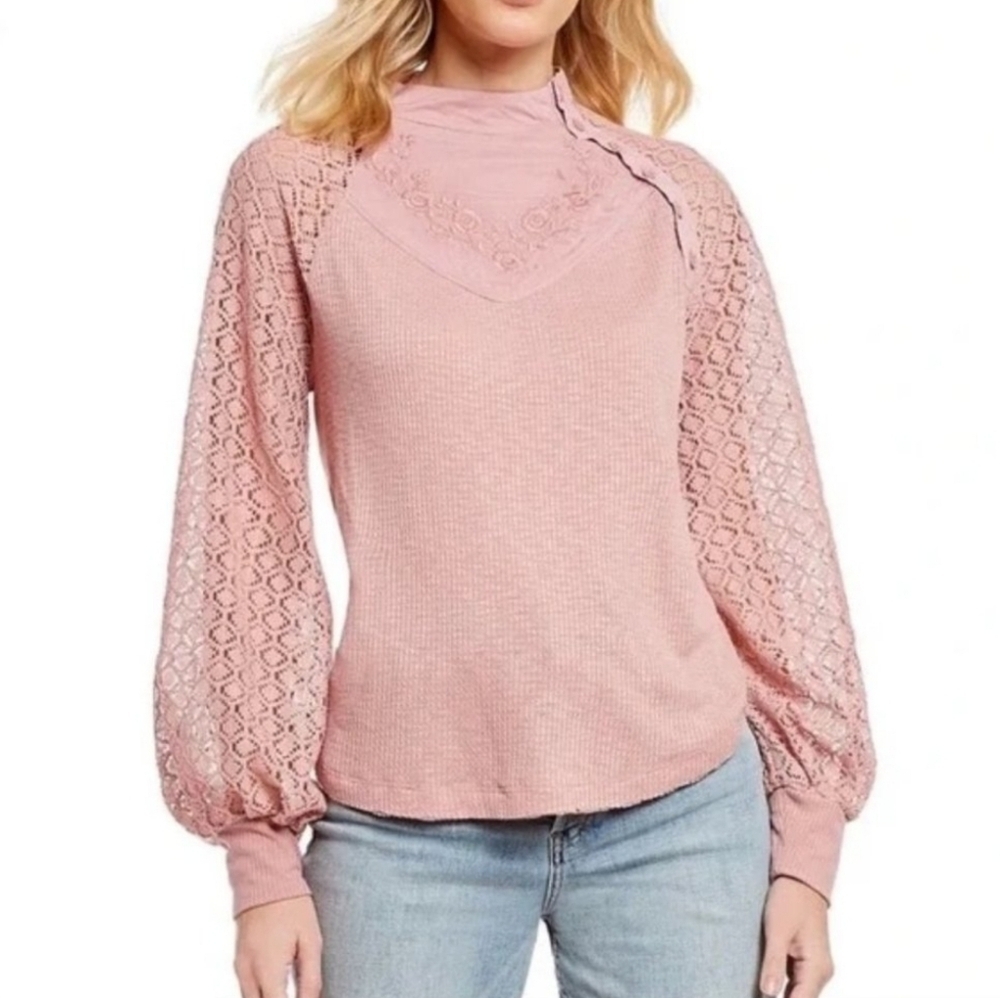 Free People Sweetest Thing Pink Crochet Lace Thermal Romantic Cottagecore XS